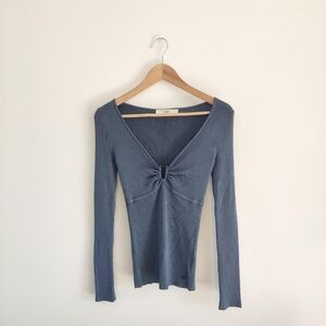 Guess Brand New Gray Blue V Neck Low Cut Long Sleeved Ribbed Top